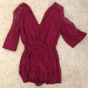 Red lace sleeve romper